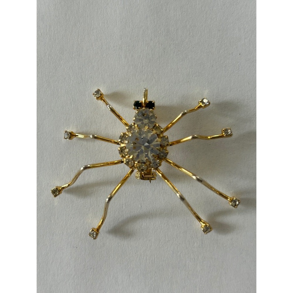 Gold Tone Rhinestone Spider Brooch  Clear Crystal Insect Pin Vintage Style